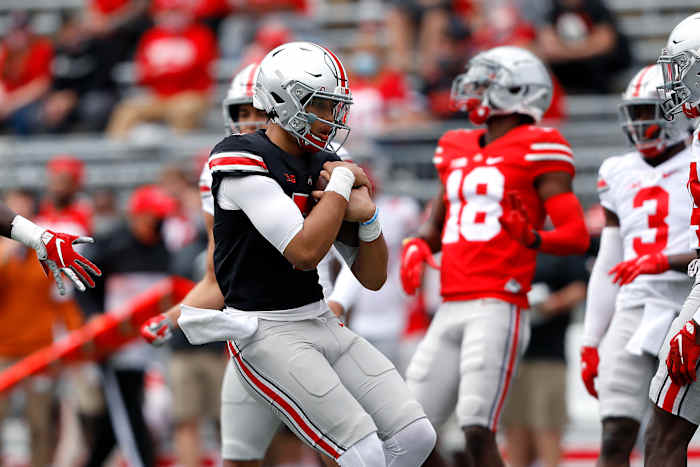 CJ Stroud runs with the ball at Ohio Stadium.